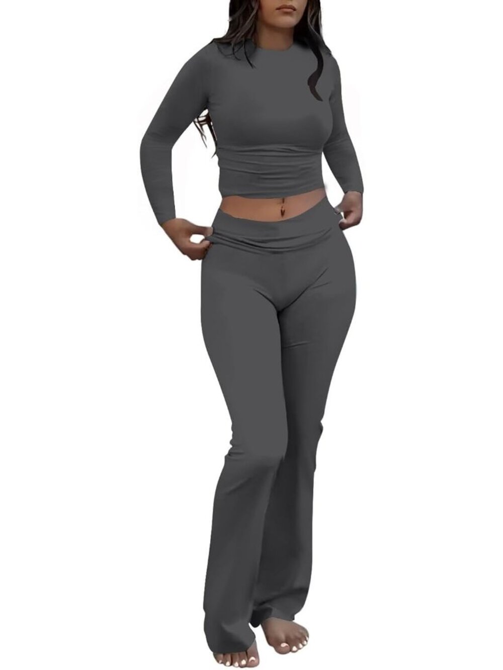Women's Dark Grey 2 Piece Outfits Long Sleeve Crew Neck T Shirt Pajama Sets